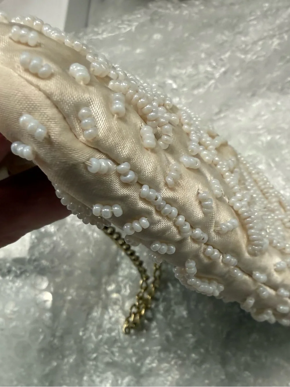 Vintage Beaded Cream Evening Handbag with Chain Handle